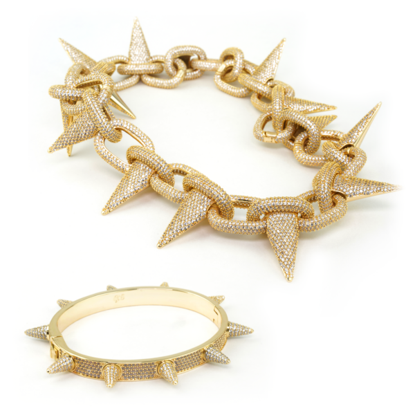 Encrusted Gold Spike Chain Necklace and Bracelet Set