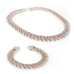 Pink and White Studded White Gold Curb Chain Necklace and BraceletSet