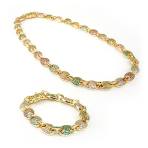 Rainbow Studded Gold Gucci Link Necklace and Bracelet Set