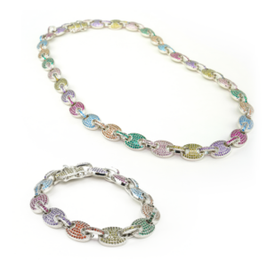 Rainbow Studded White Gold Gucci Link Necklace and Bracelet Set