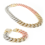 Studded TriGold Cuban Link Necklace and Bracelet Set